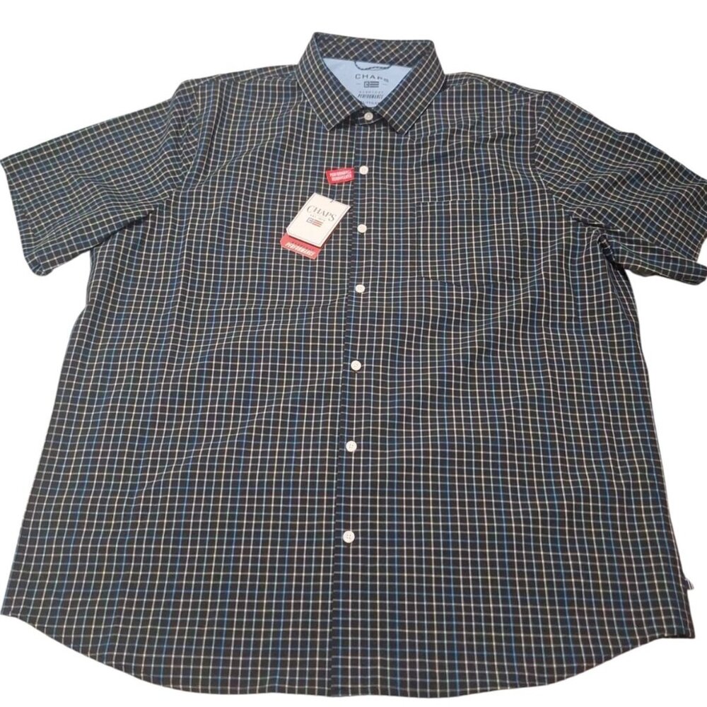 NWT CHAPS Everyday Performance Mens Black Blue Plaid Short Sleeve Button Up 2XL